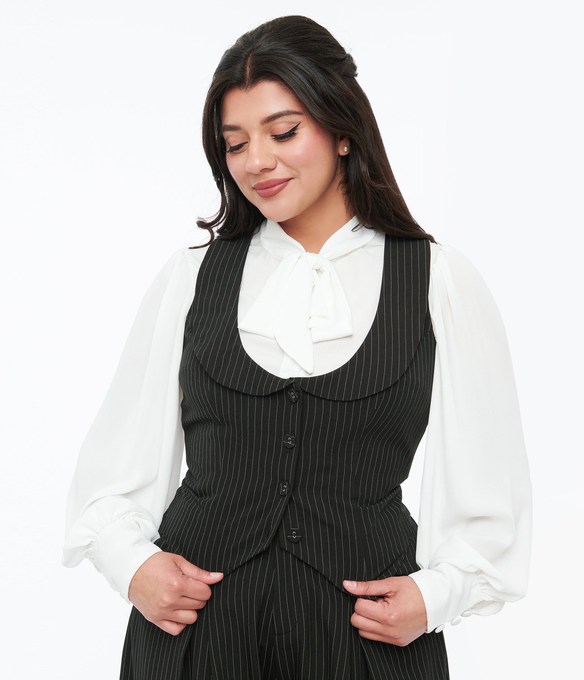 Voodoo Vixen Black & White Pinstripe Button Up Vest - Unique Vintage - Womens, TOPS, WOVEN TOPS