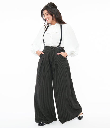 Voodoo Vixen Black & White Pinstripe Suspender Trousers - Unique Vintage - Womens, BOTTOMS, PANTS