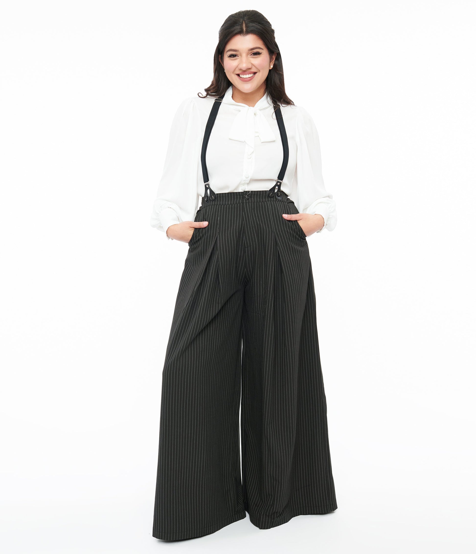 Voodoo Vixen Black & White Pinstripe Suspender Trousers - Unique Vintage - Womens, BOTTOMS, PANTS