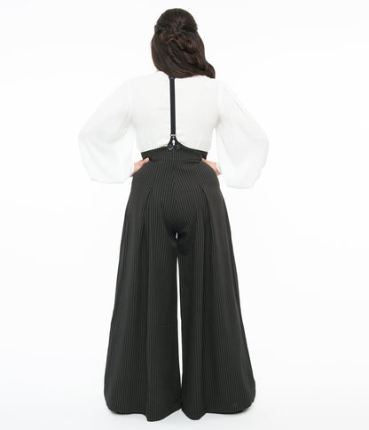 Voodoo Vixen Black & White Pinstripe Suspender Trousers - Unique Vintage - Womens, BOTTOMS, PANTS