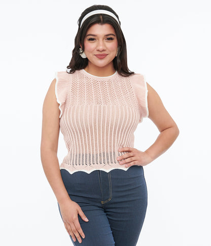 Voodoo Vixen Pink Ruffle Knit Crop Top - Unique Vintage - Womens, TOPS, WOVEN TOPS