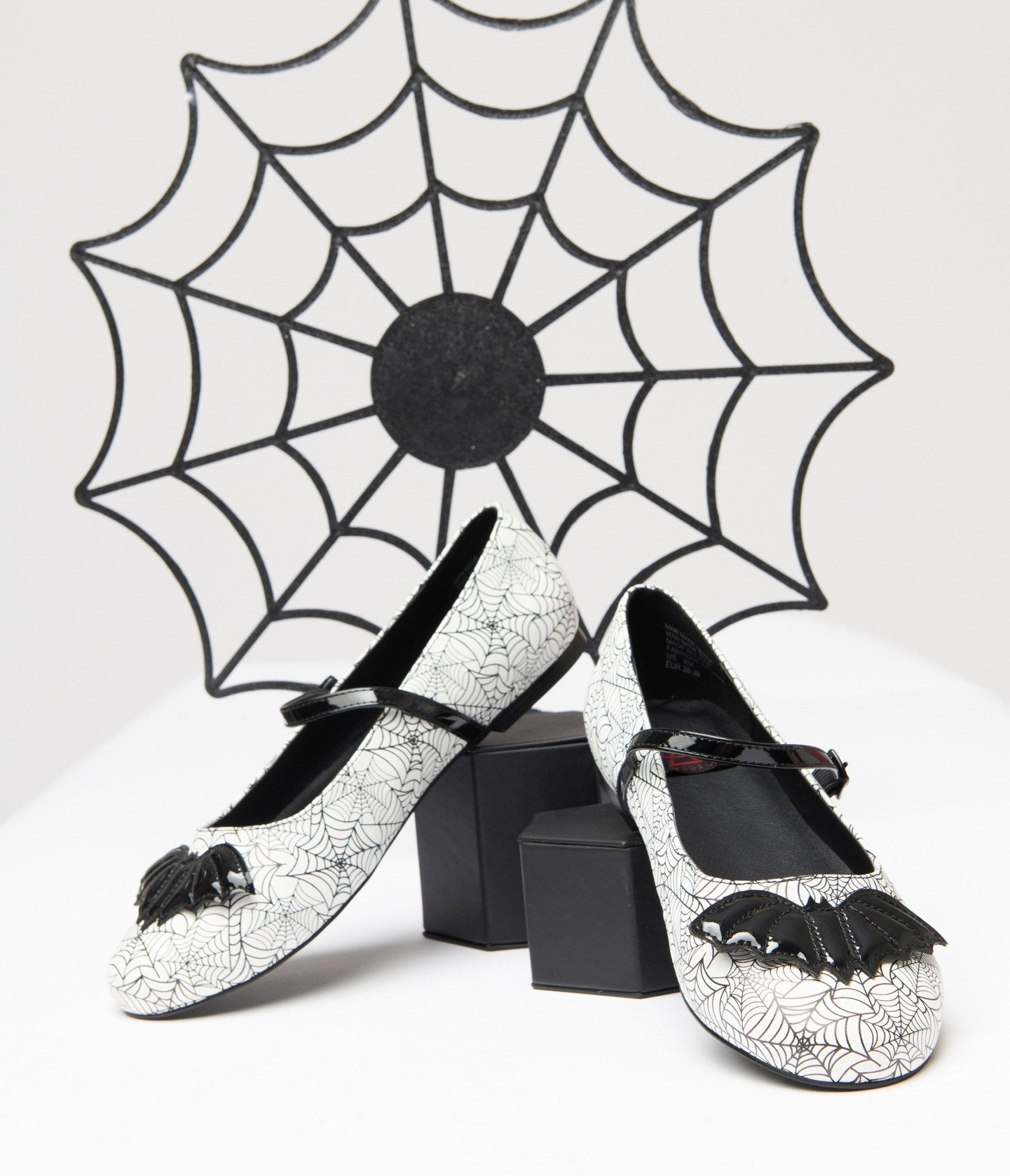 White & Black Bat Spiderweb Mary Jane Flats - Unique Vintage - Womens, HALLOWEEN, SHOES