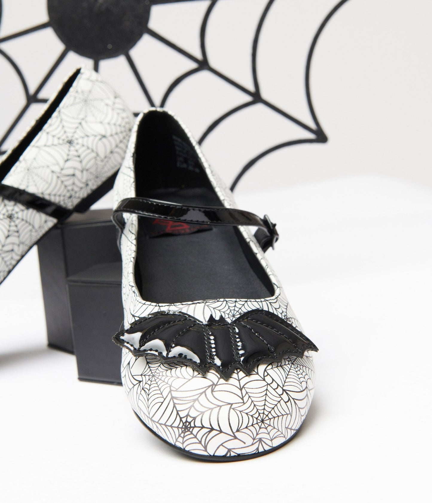 White & Black Bat Spiderweb Mary Jane Flats - Unique Vintage - Womens, HALLOWEEN, SHOES