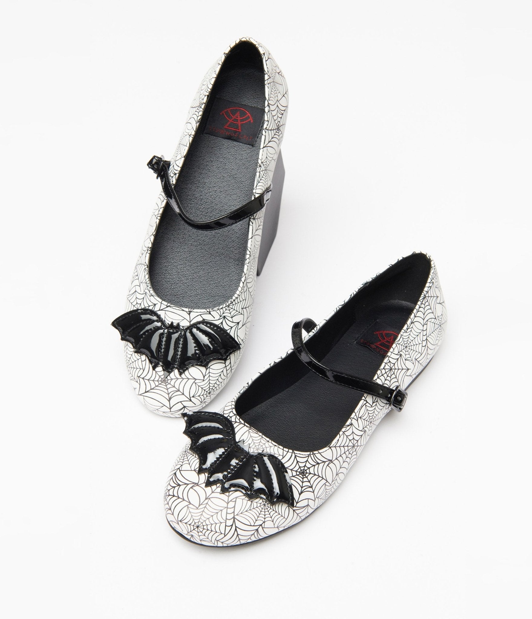 White & Black Bat Spiderweb Mary Jane Flats - Unique Vintage - Womens, HALLOWEEN, SHOES