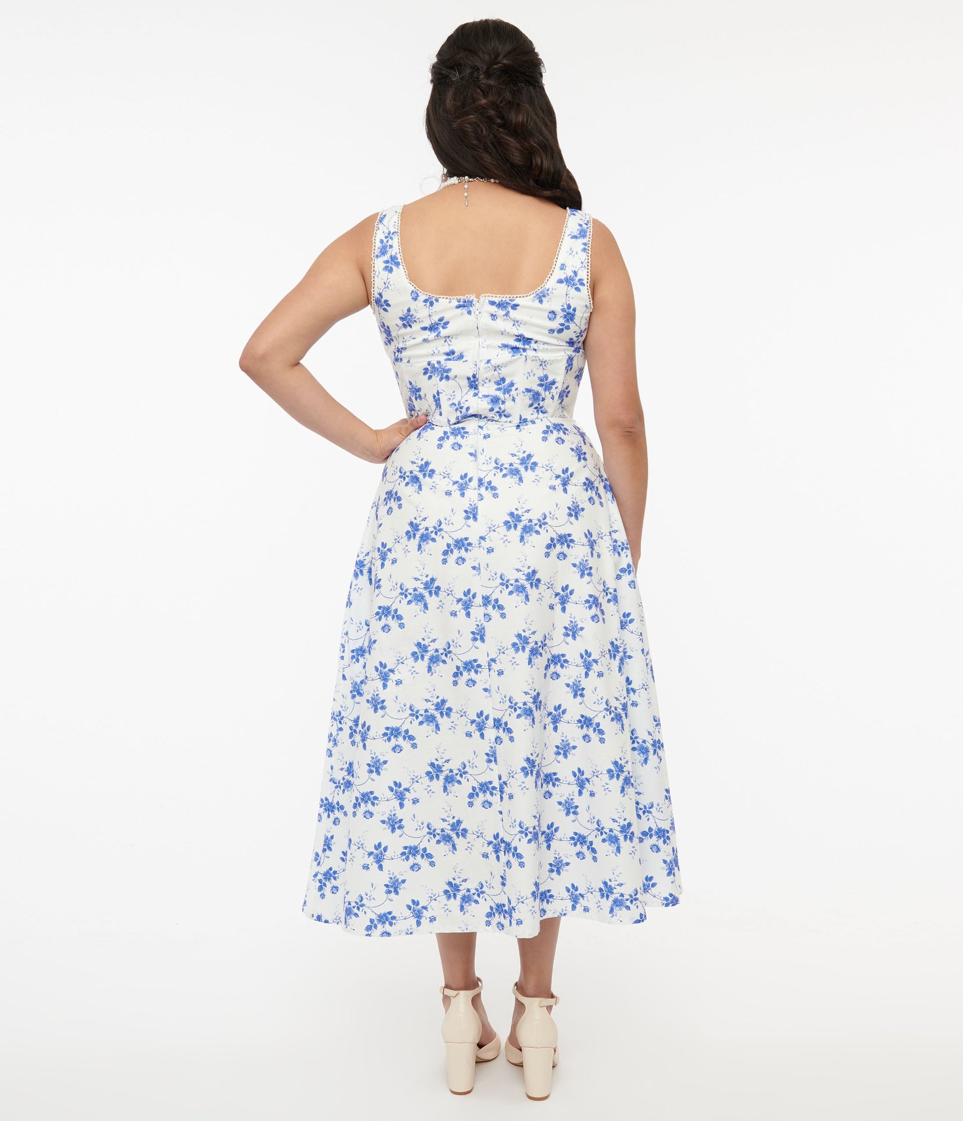 White & Blue Floral Cotton Midi Dress - Unique Vintage - Womens, DRESSES, MIDI