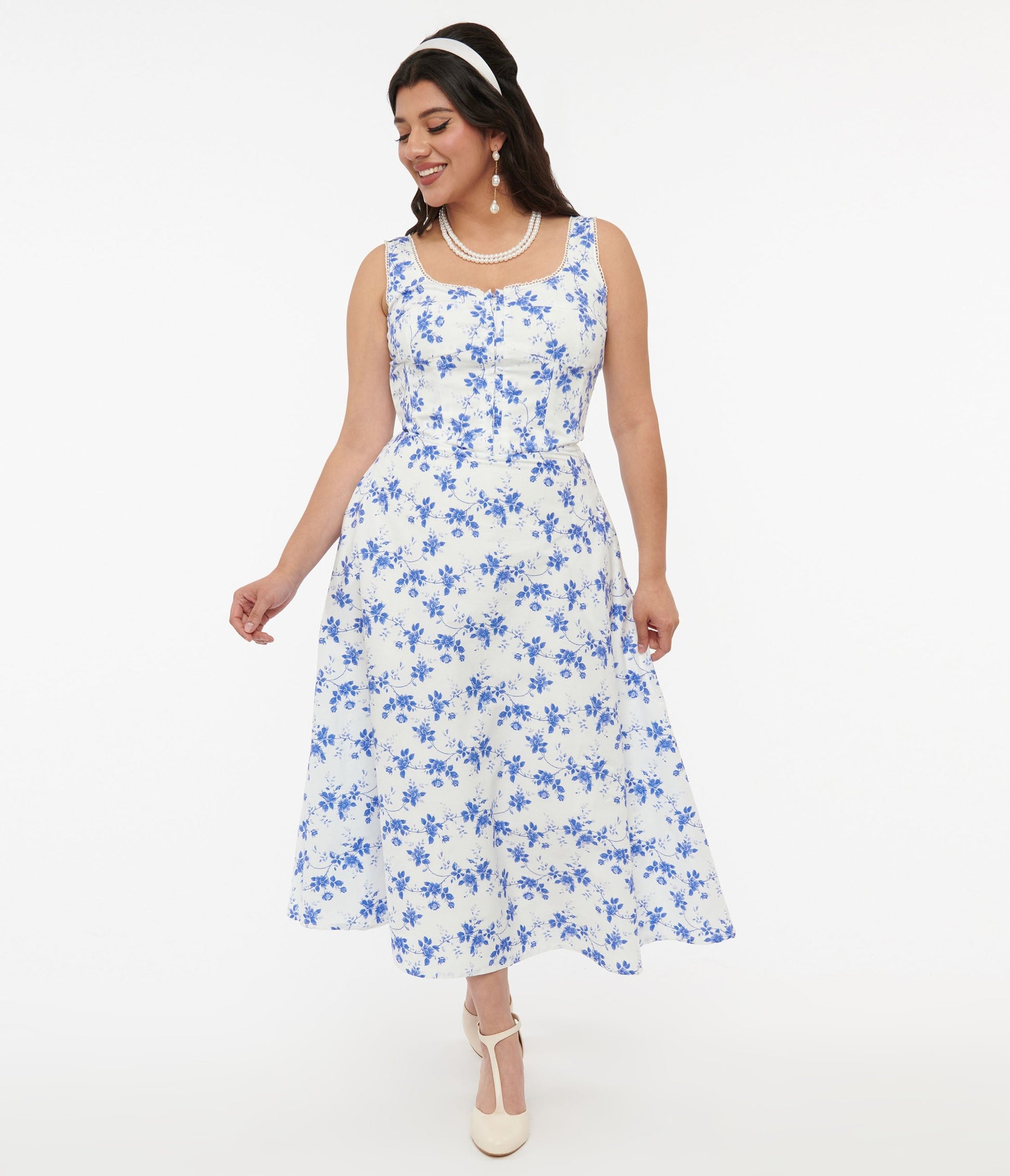 White & Blue Floral Cotton Midi Dress - Unique Vintage - Womens, DRESSES, MIDI