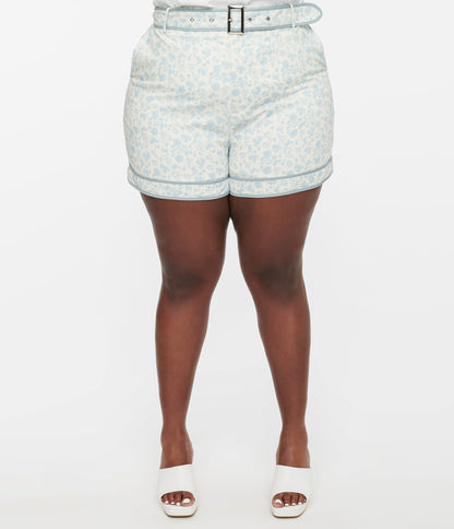 White & Dusty Blue Floral Belted Shorts - Unique Vintage - Womens, BOTTOMS, SHORTS