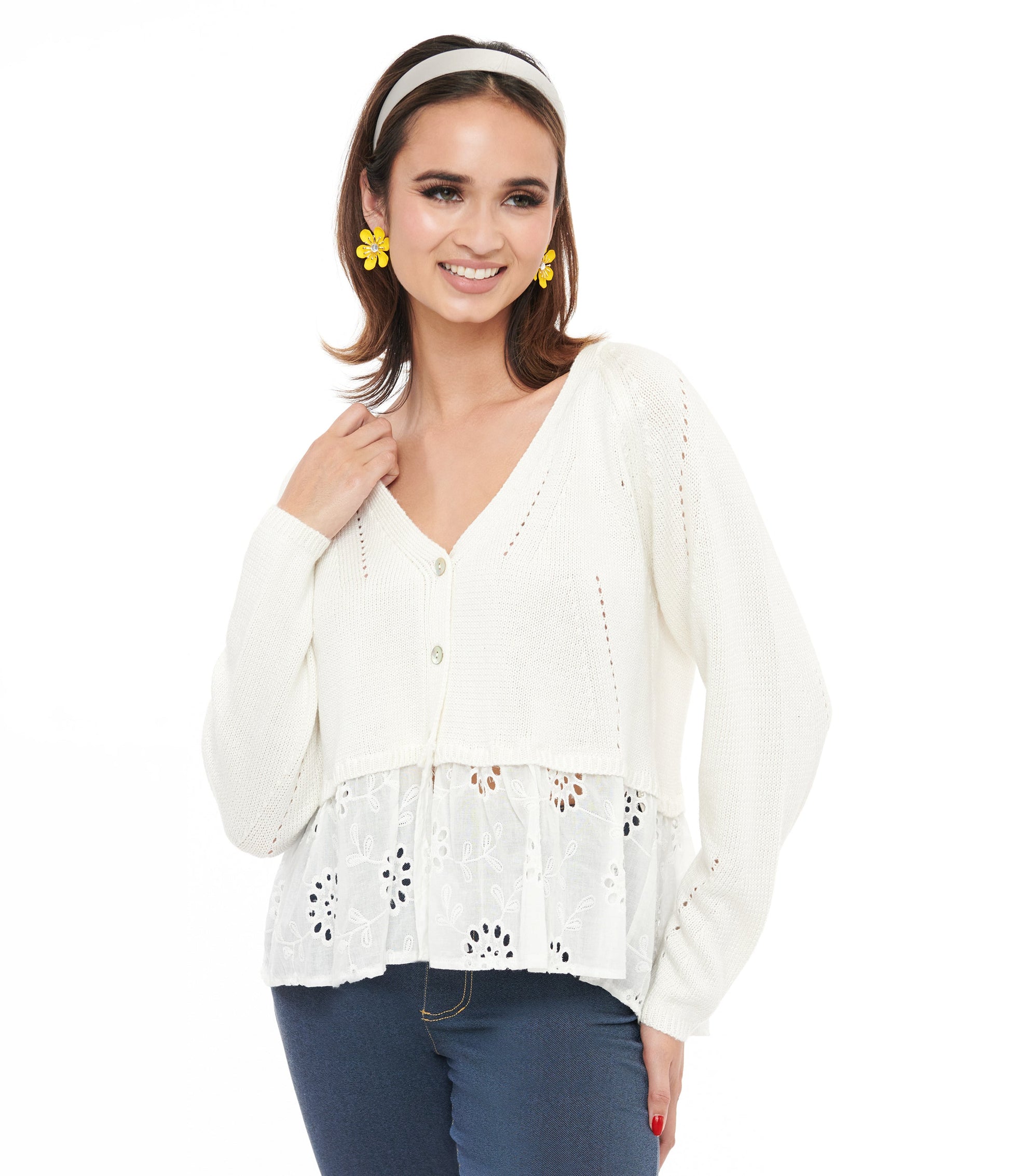 White Floral Peplum Knit Cardigan - Unique Vintage - Womens, TOPS, SWEATERS