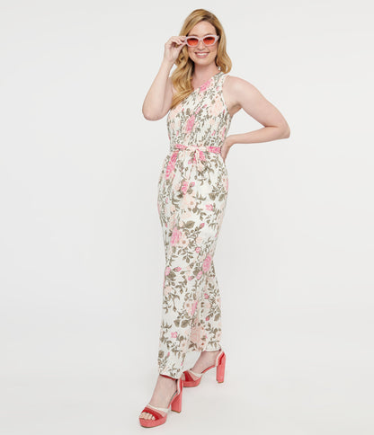 White & Pink Floral Asymmetrical Chiffon Jumpsuit - Unique Vintage - Womens, BOTTOMS, ROMPERS AND JUMPSUITS