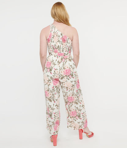 White & Pink Floral Asymmetrical Chiffon Jumpsuit - Unique Vintage - Womens, BOTTOMS, ROMPERS AND JUMPSUITS