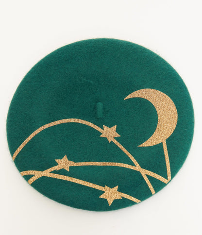 Witchwood Bags Forest Green & Gold Moon & Stars Beret - Unique Vintage - Womens, ACCESSORIES, HATS