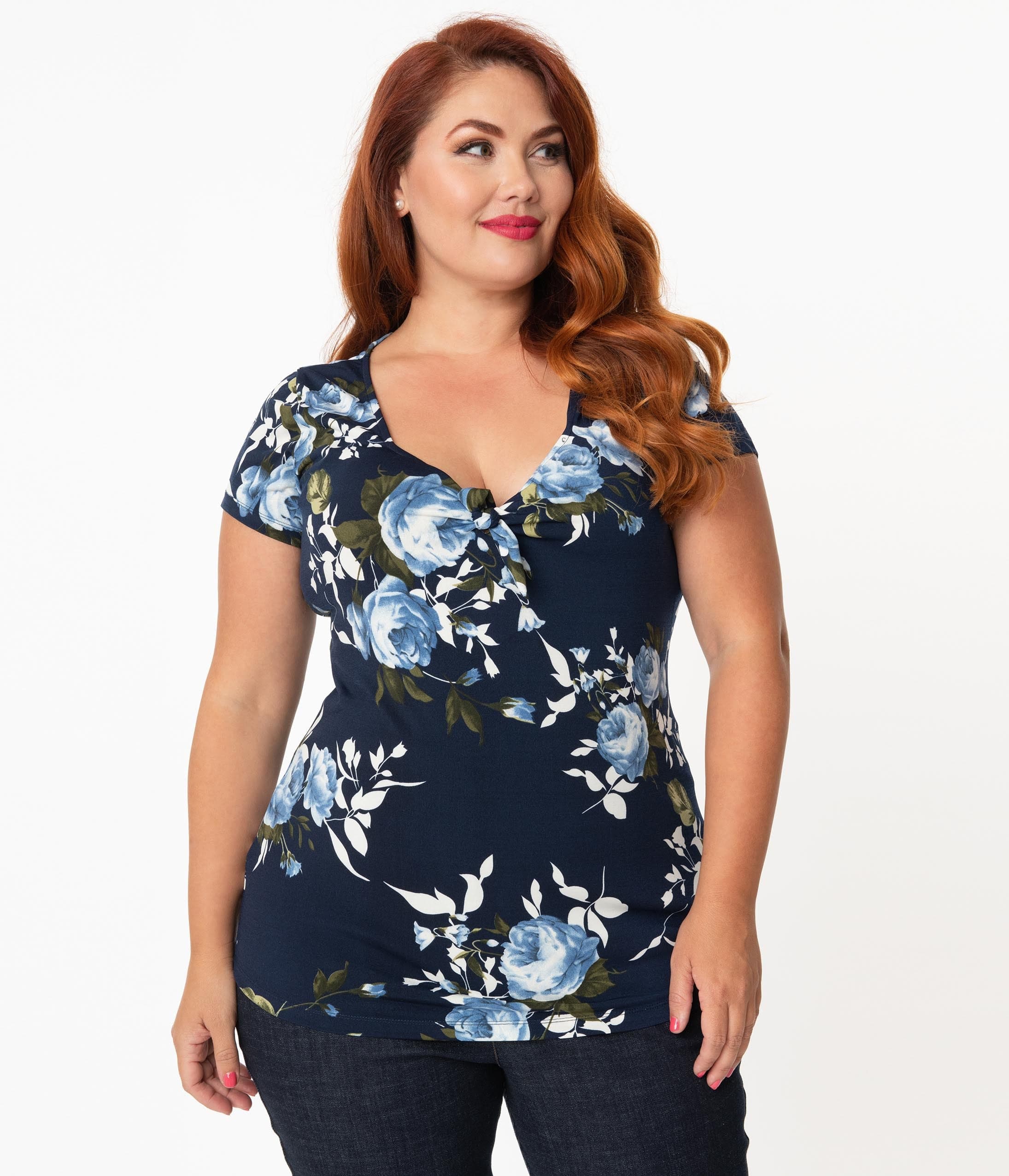 Unique Vintage Plus Size Navy & Blue Floral Sweetheart Rosemary Top