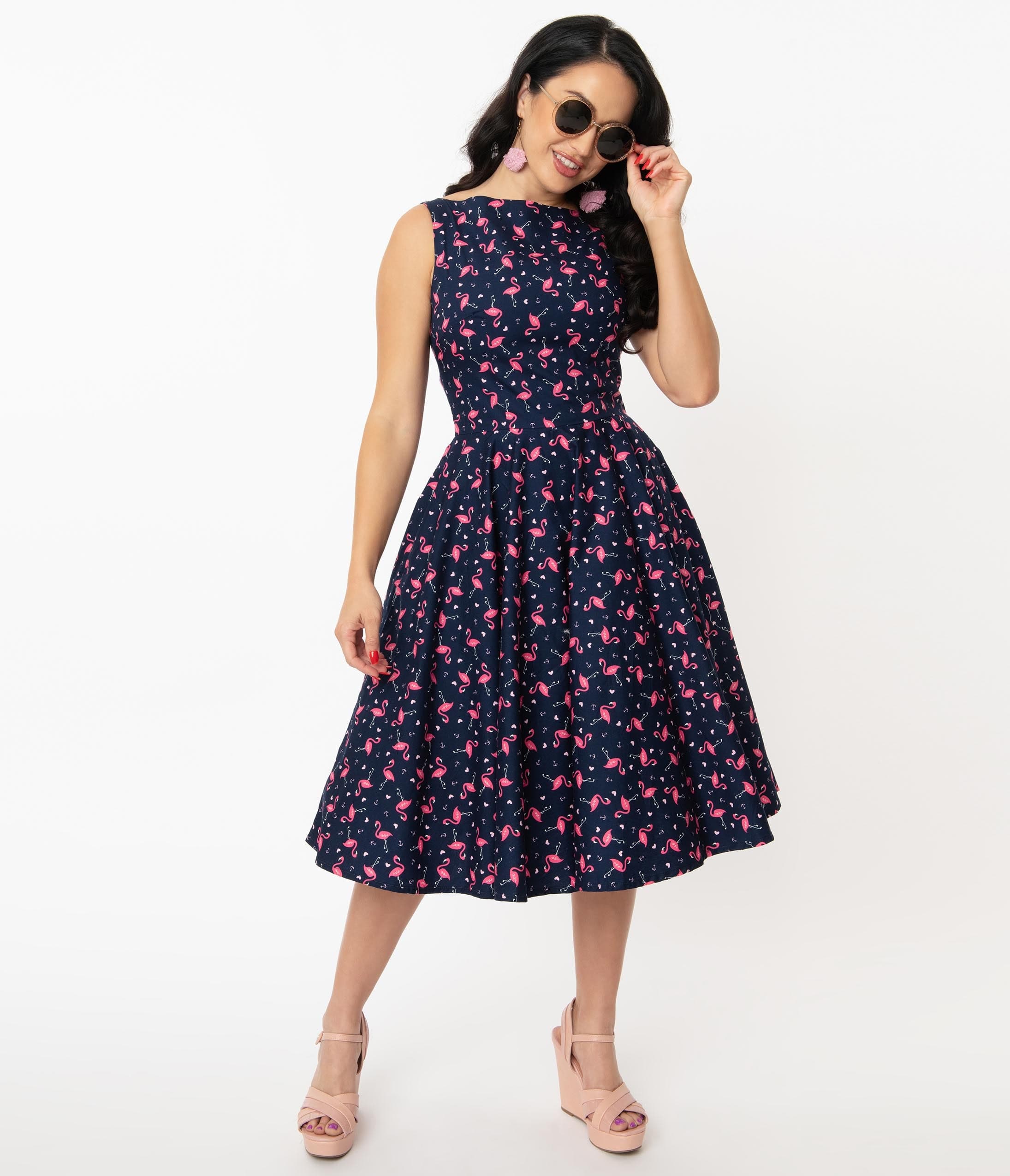 Magnolia Place Navy & Pink Flamingo Print Audrey Swing Dress – Unique ...