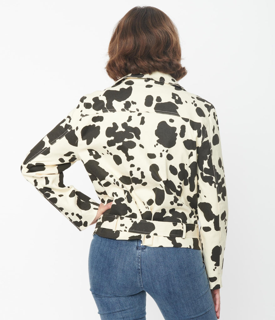 Cream & Black Cow Print Denim Moto Jacket – Unique Vintage