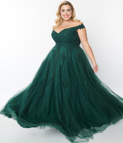 1950s Style Plus Size Emerald Floral Off The Shoulder Ball Gown ...
