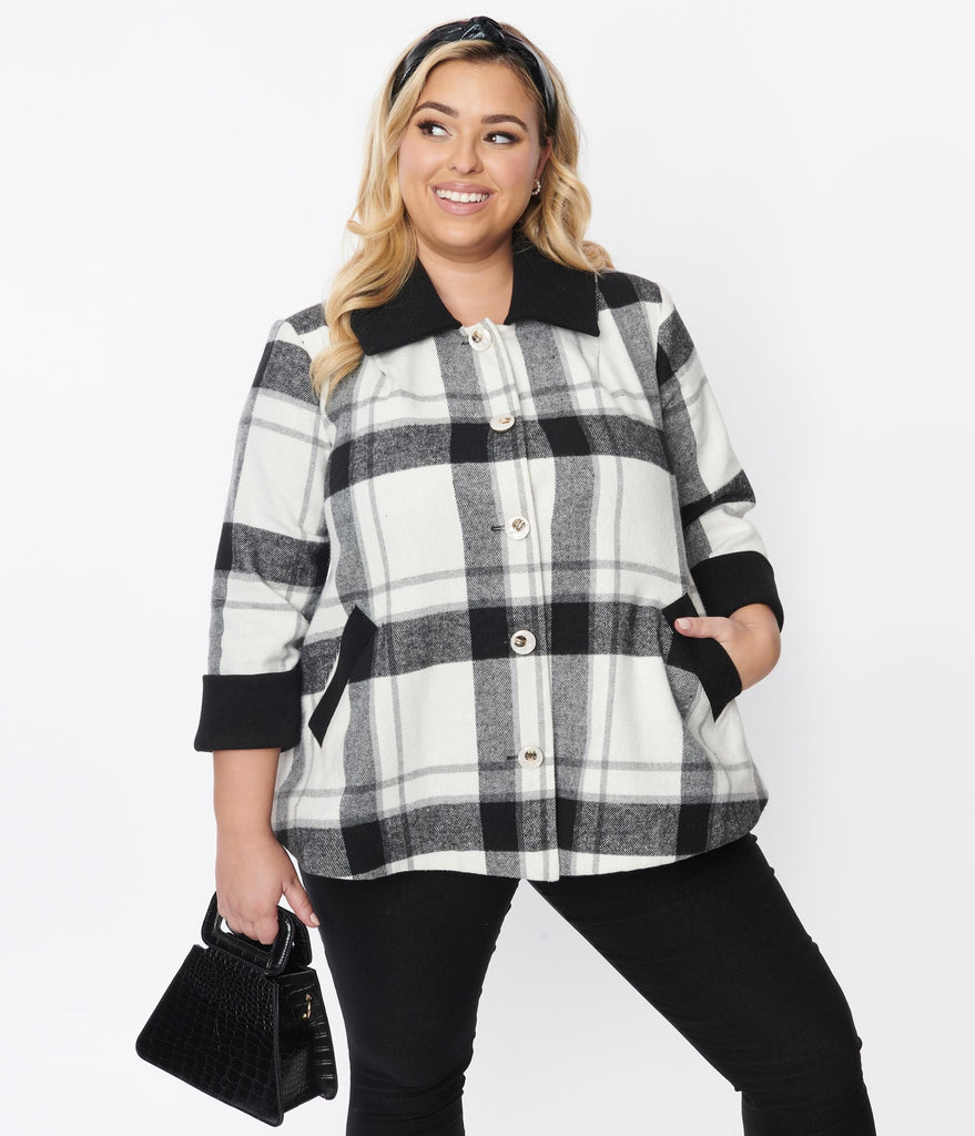 Unique Vintage Plus Size Black & White Plaid Ahoy There Short Swing Coat