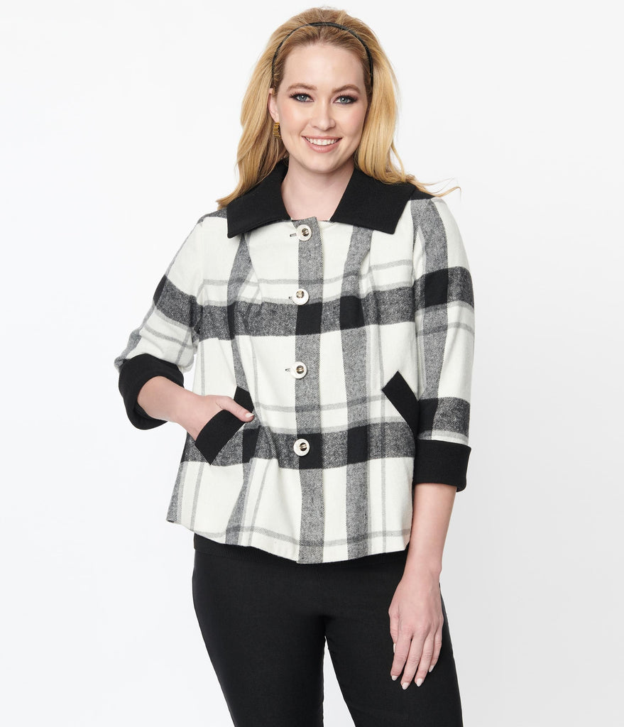 Unique Vintage Black & White Plaid Ahoy There Short Swing Coat