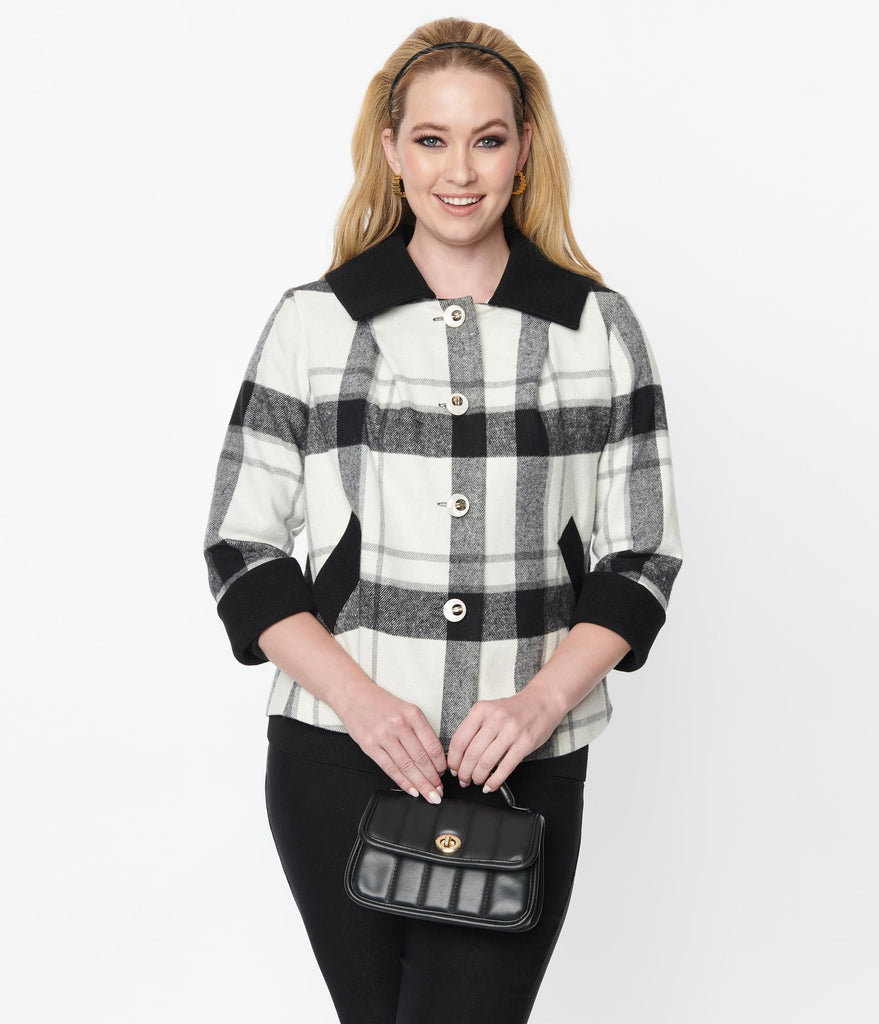 Unique Vintage Black & White Plaid Ahoy There Short Swing Coat