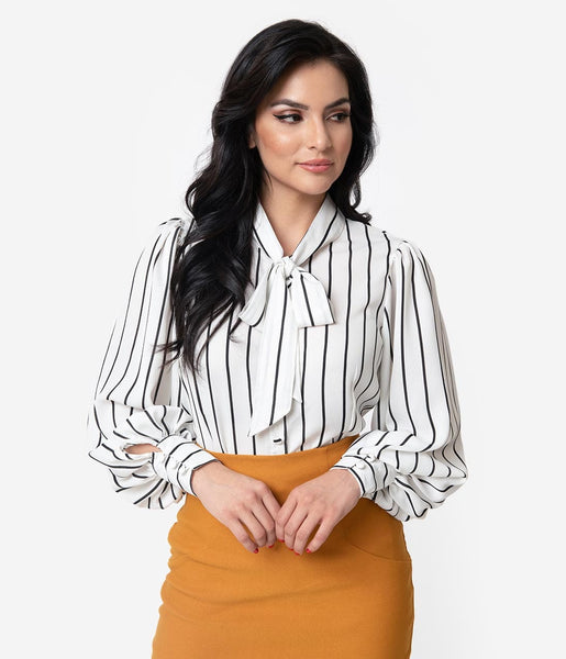 Unique Vintage White & Black Stripe Neck Tie Gwen Blouse