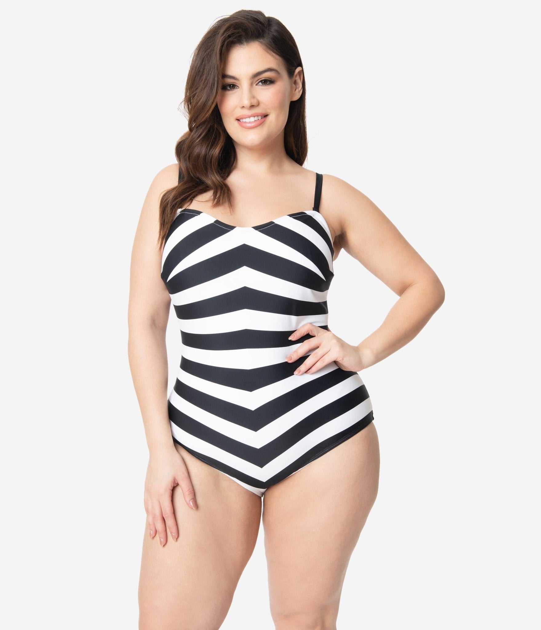 Barbie™ x Unique Vintage Plus Size Black & White Chevron Stripe One Piece  Bathing Suit