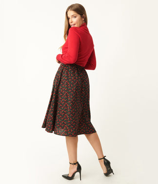 Black & Cherry Print Swing Skirt – Unique Vintage