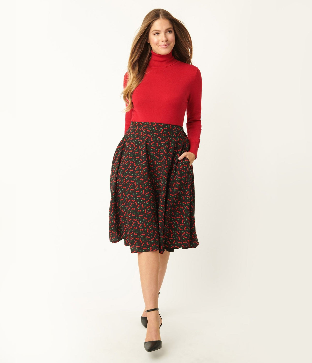 Black & Cherry Print Swing Skirt – Unique Vintage