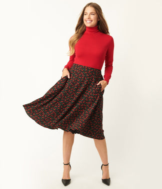 Black & Cherry Print Swing Skirt – Unique Vintage