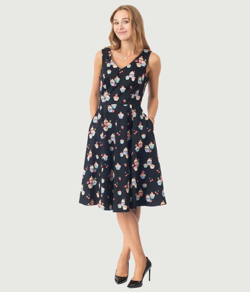 Black Cupcake Print Swing Dress – Unique Vintage