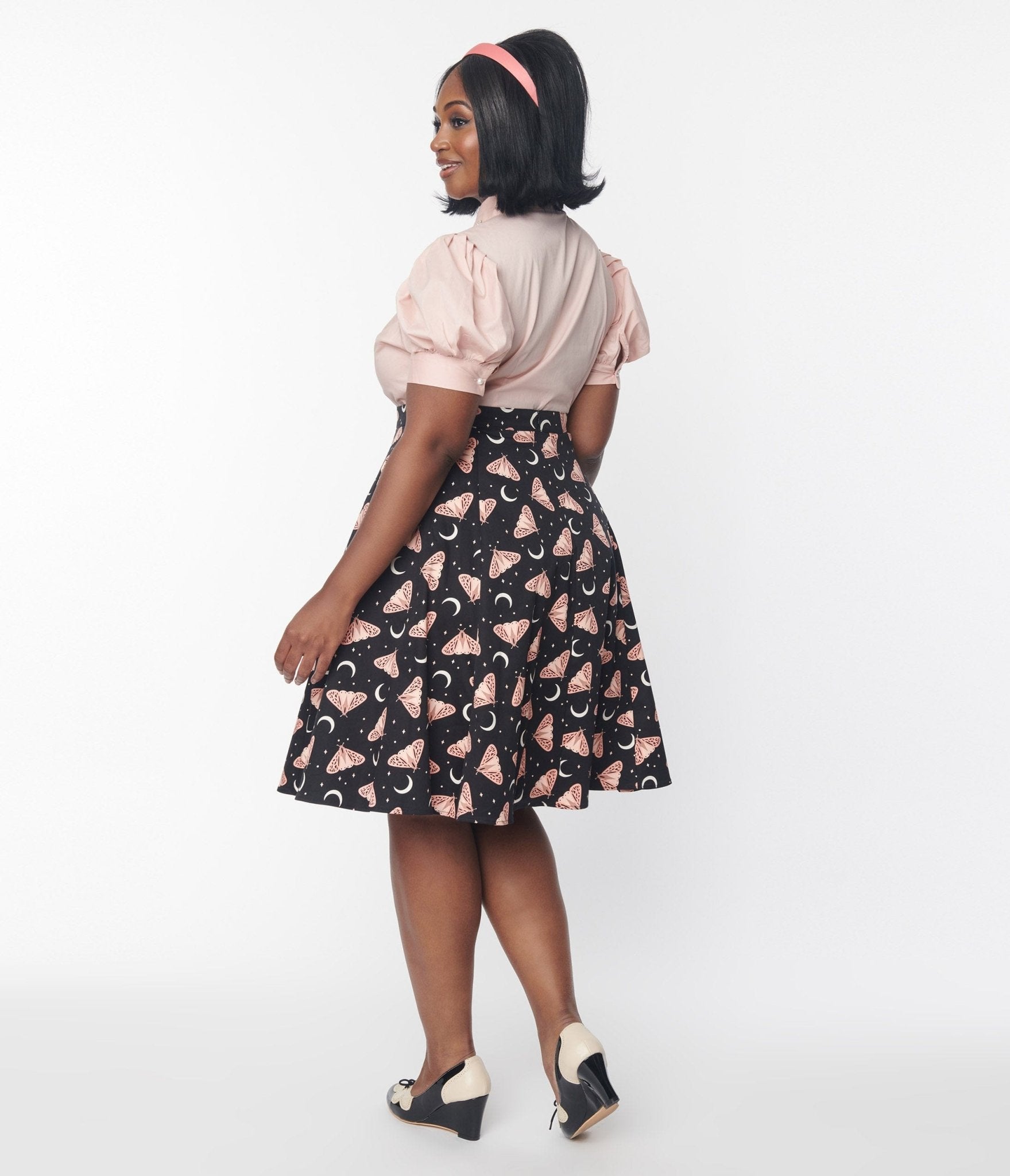 Black Moon & Pink Butterfly Print Flare Skirt