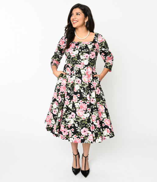 Black Pink Bloom Swing Dress – Unique Vintage