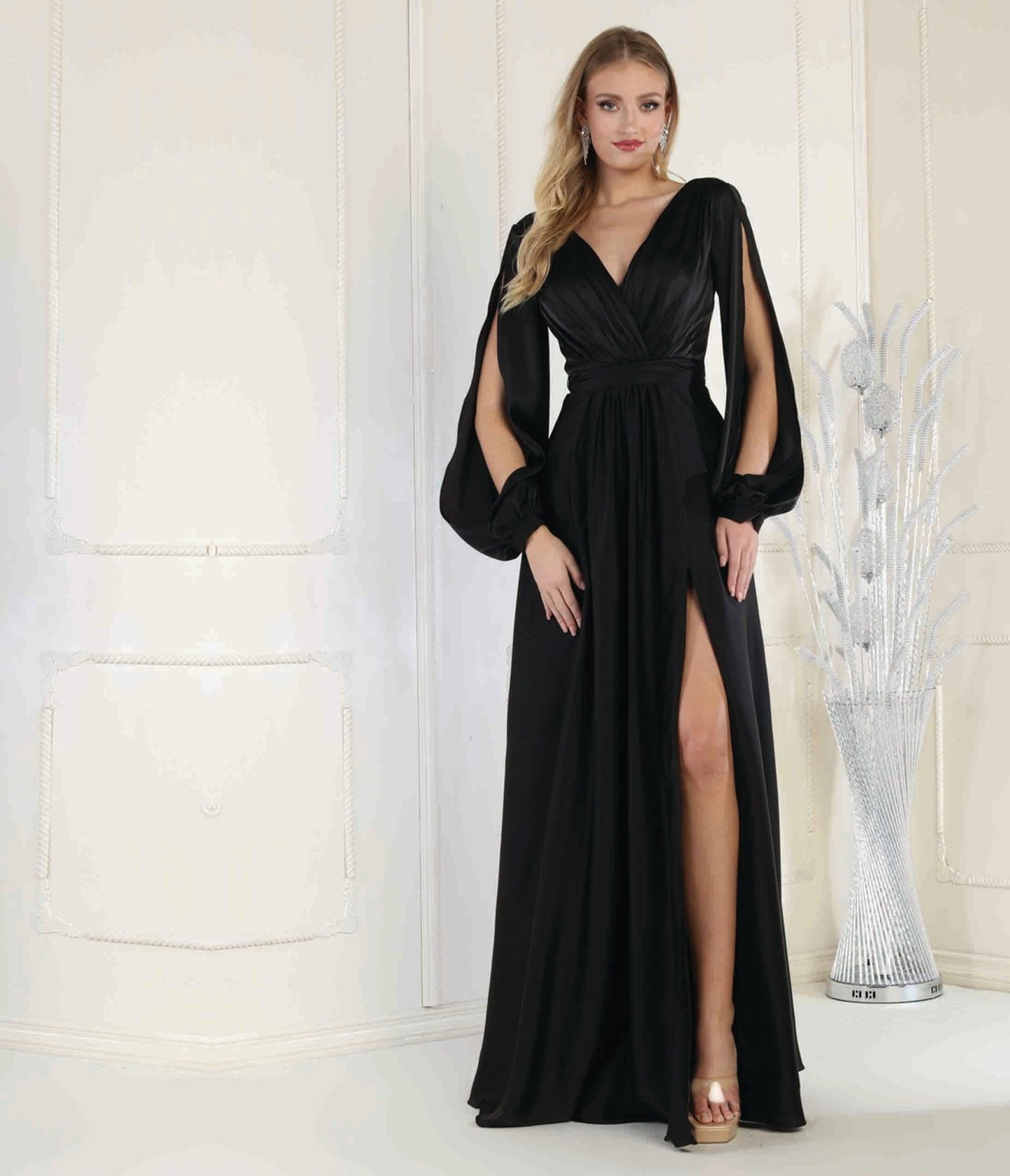 Black Satin Long Sleeve Goddess Gown – Unique Vintage