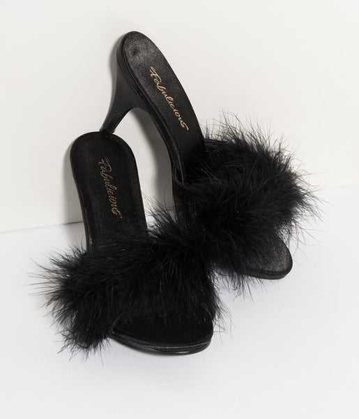 Black Satin & Marabou Feather Peep Toe Amour Heel Slipper – Unique Vintage