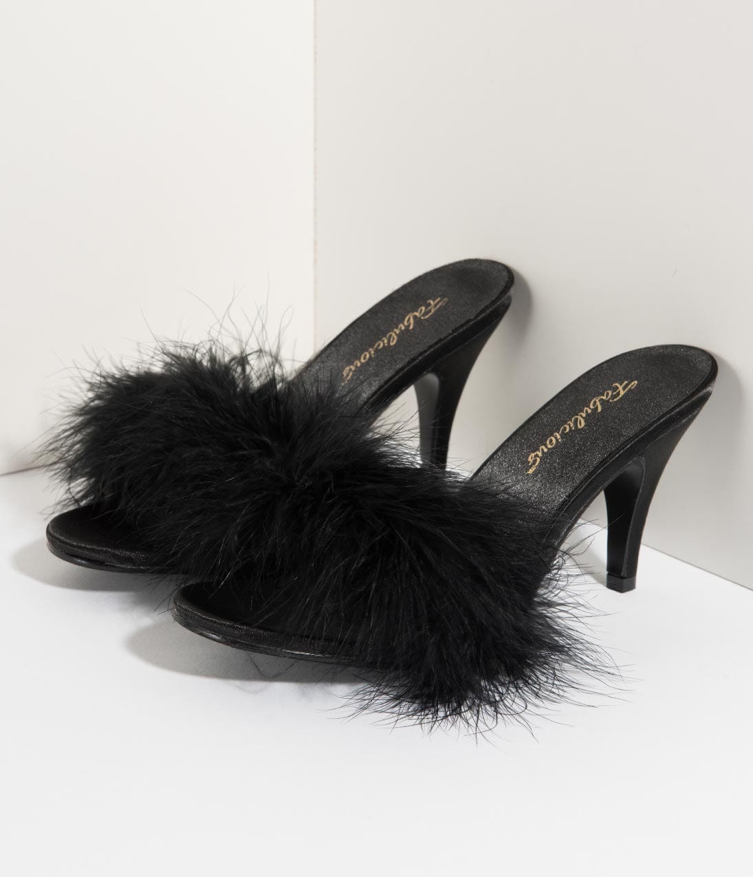 Black Satin & Marabou Feather Peep Toe Amour Heel Slipper – Unique Vintage