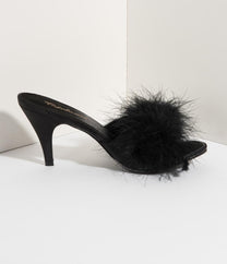 Black Satin & Marabou Feather Peep Toe Amour Heel Slipper – Unique Vintage