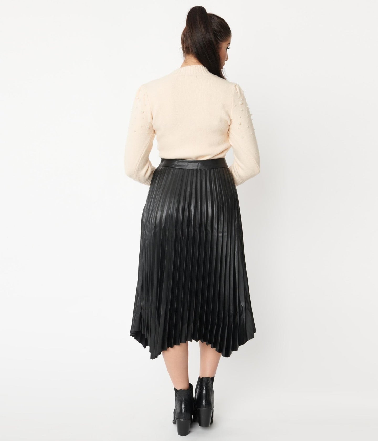 Black Vegan Leather Pleated Midi Skirt – Unique Vintage