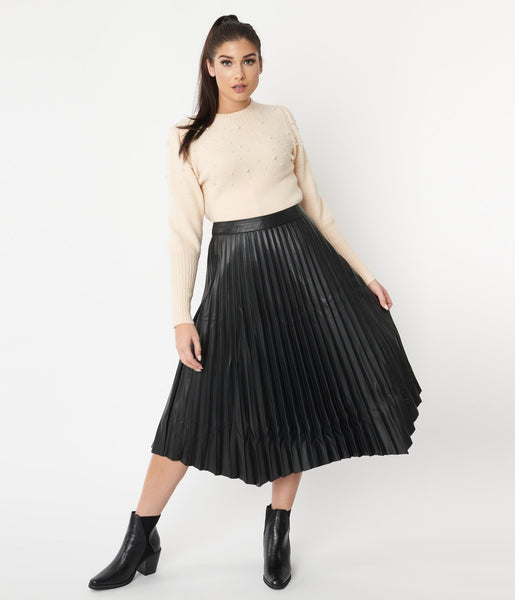 Black Vegan Leather Pleated Midi Skirt – Unique Vintage