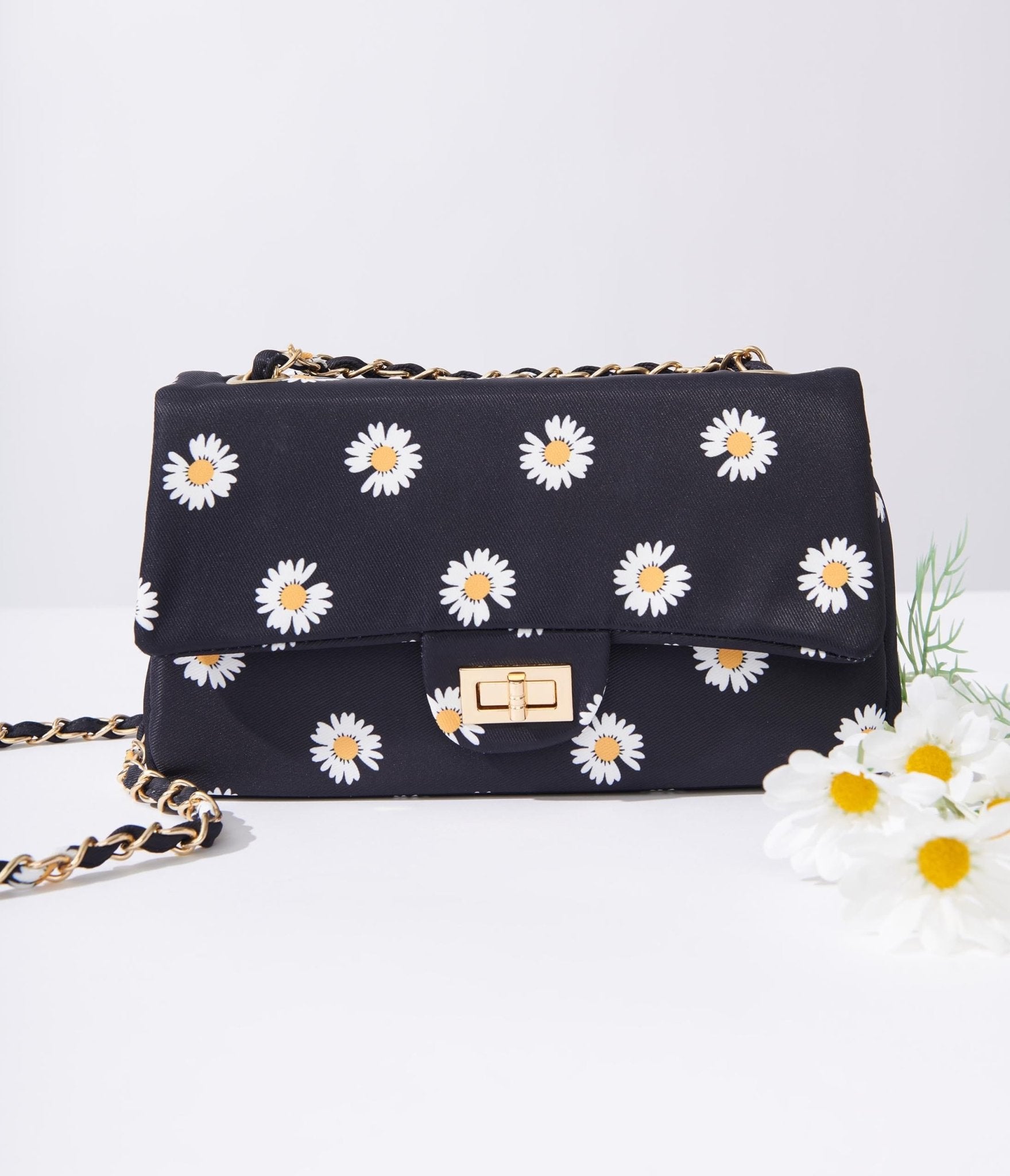 Retro & Vintage Black & White Daisy Dual Chain Handbag | Unique