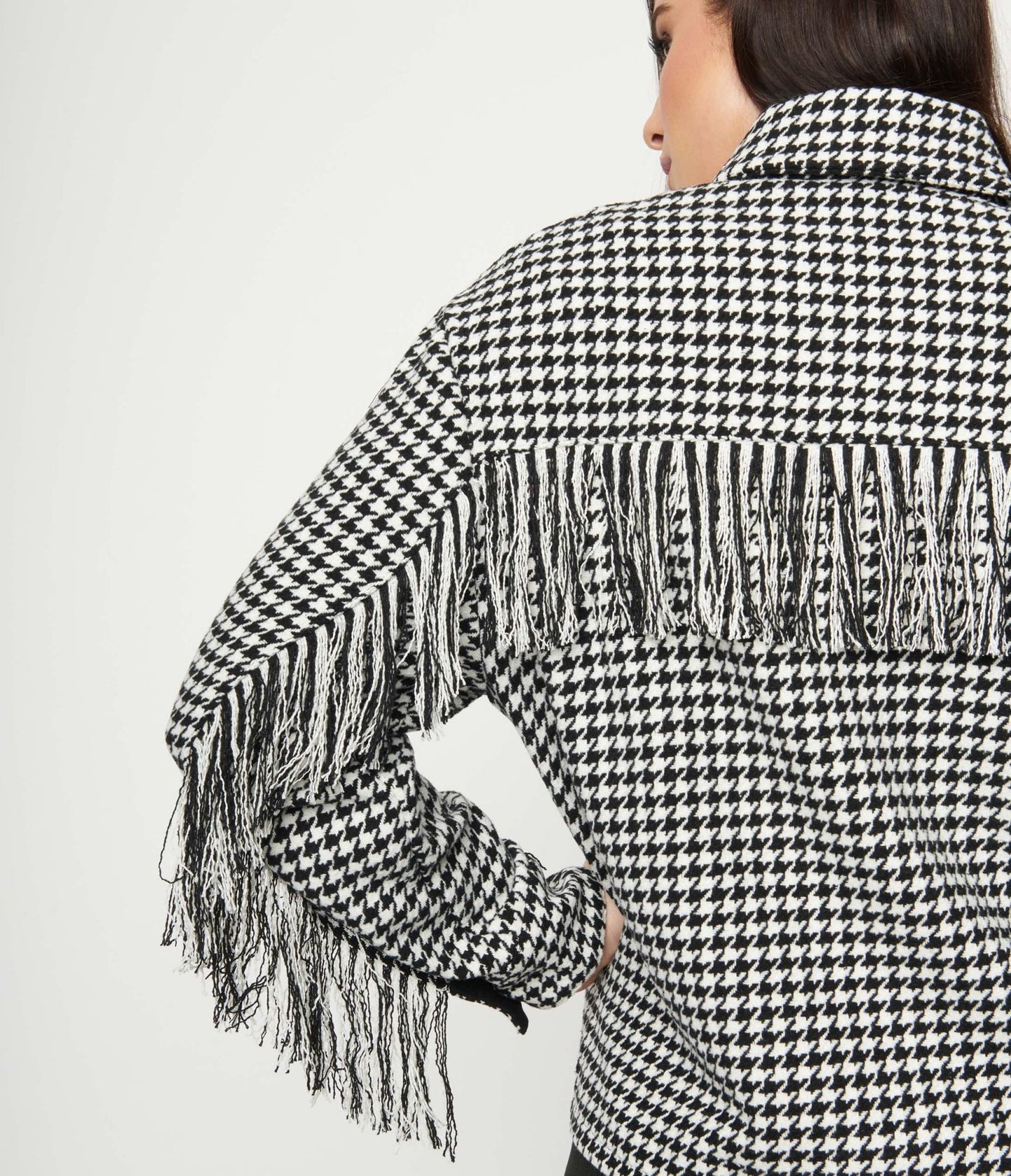 Black & White Houndstooth Fringe Jacket - Unique Vintage - Womens, TOPS, OUTERWEAR