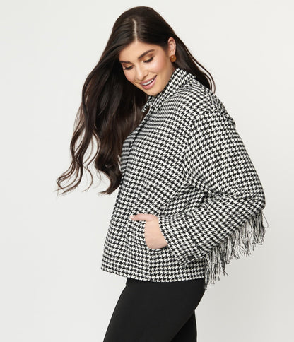 Black & White Houndstooth Fringe Jacket - Unique Vintage - Womens, TOPS, OUTERWEAR