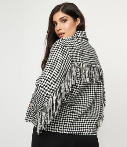 Black & White Houndstooth Fringe Jacket - Unique Vintage - Womens, TOPS, OUTERWEAR