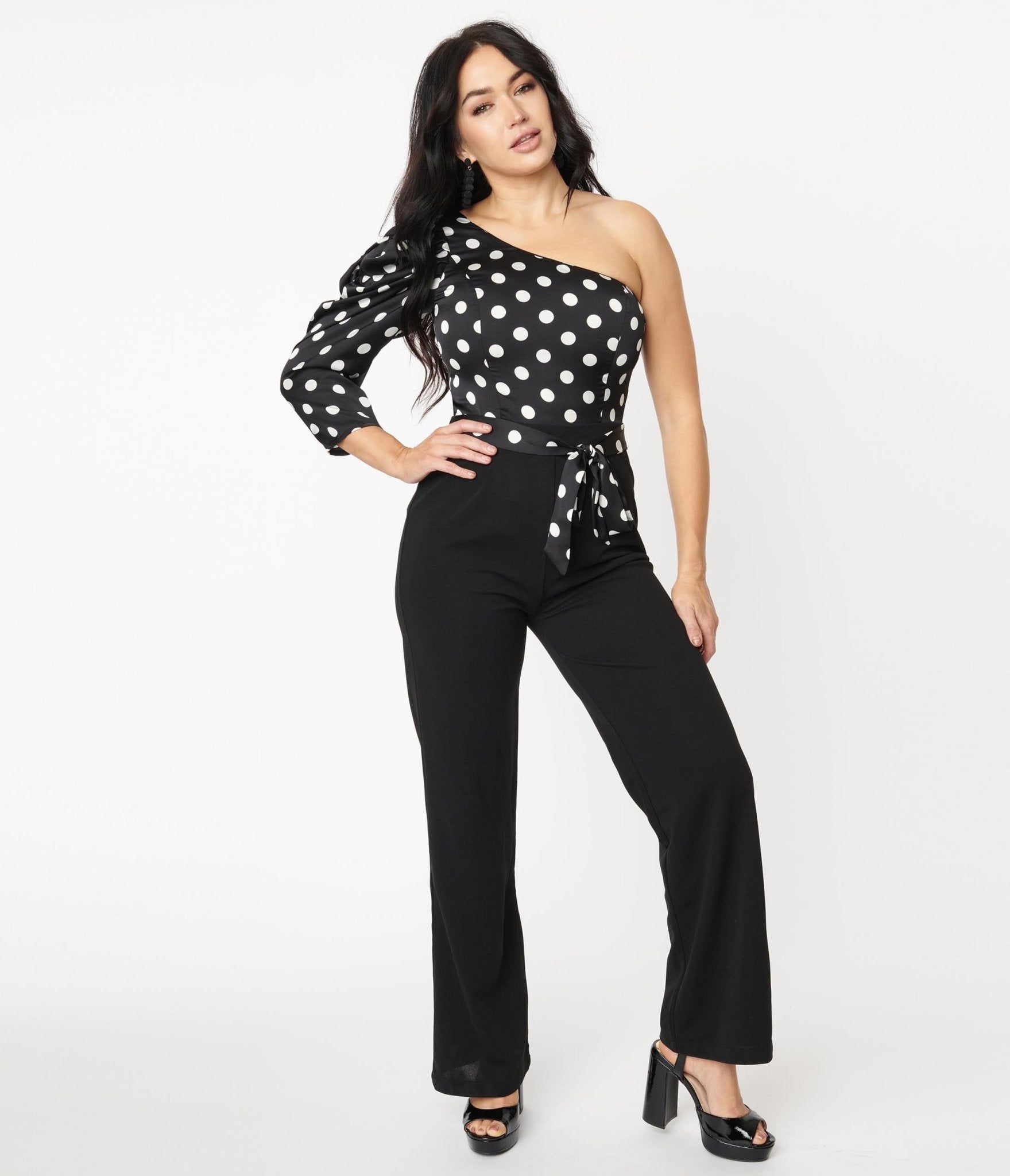 Black & White Polka Dot One Shoulder Jumpsuit - Unique Vintage - Womens, BOTTOMS, ROMPERS AND JUMPSUITS