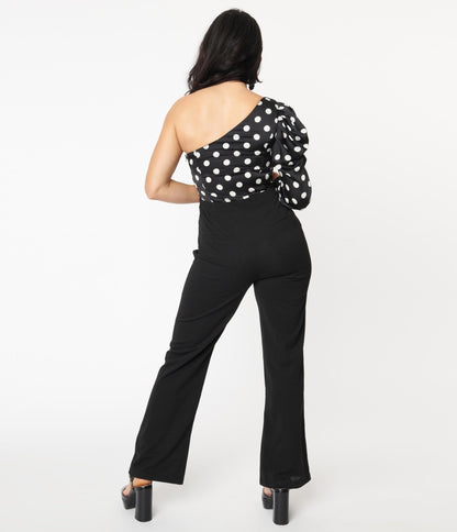 Black & White Polka Dot One Shoulder Jumpsuit - Unique Vintage - Womens, BOTTOMS, ROMPERS AND JUMPSUITS