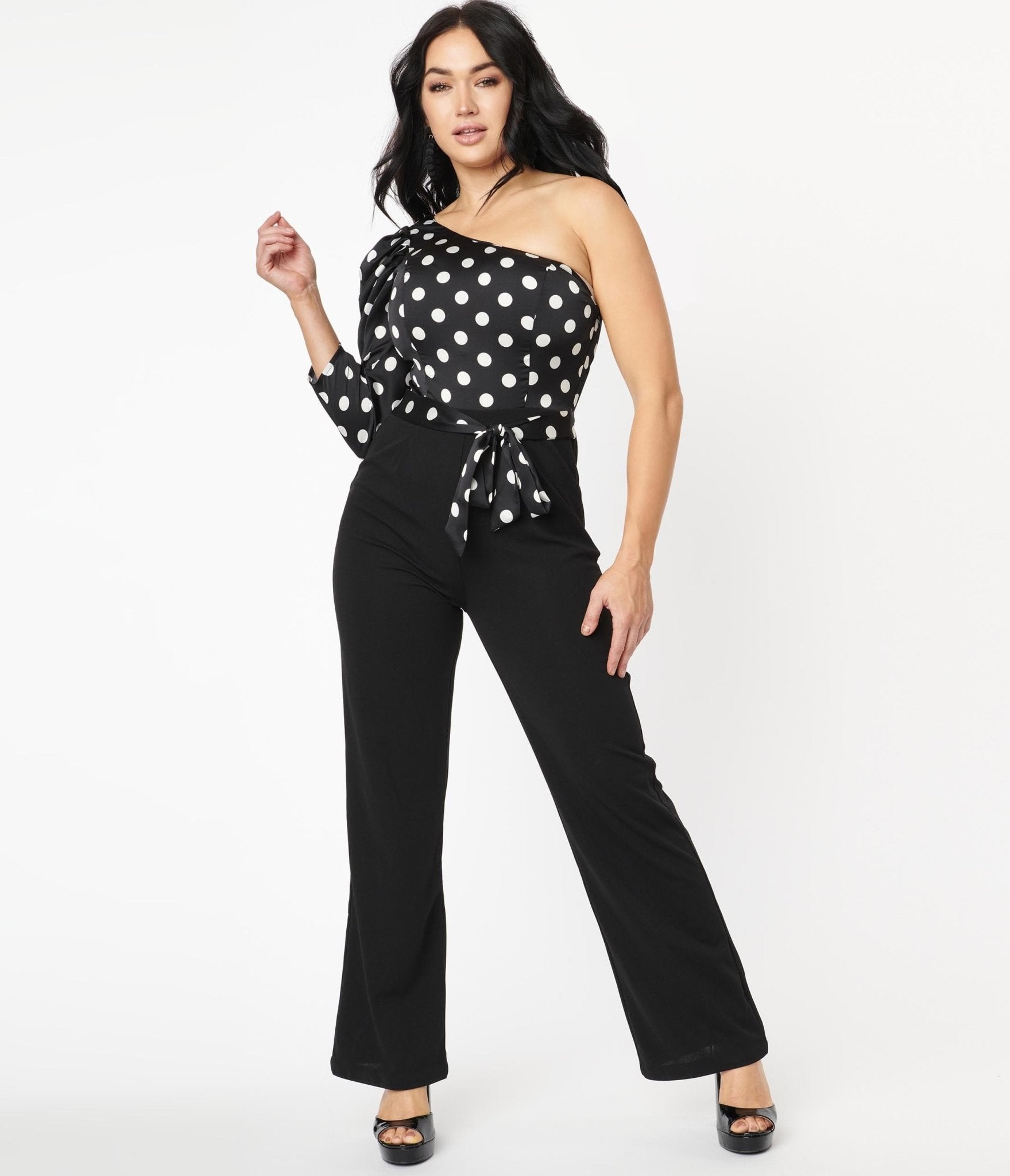 Black & White Polka Dot One Shoulder Jumpsuit - Unique Vintage - Womens, BOTTOMS, ROMPERS AND JUMPSUITS