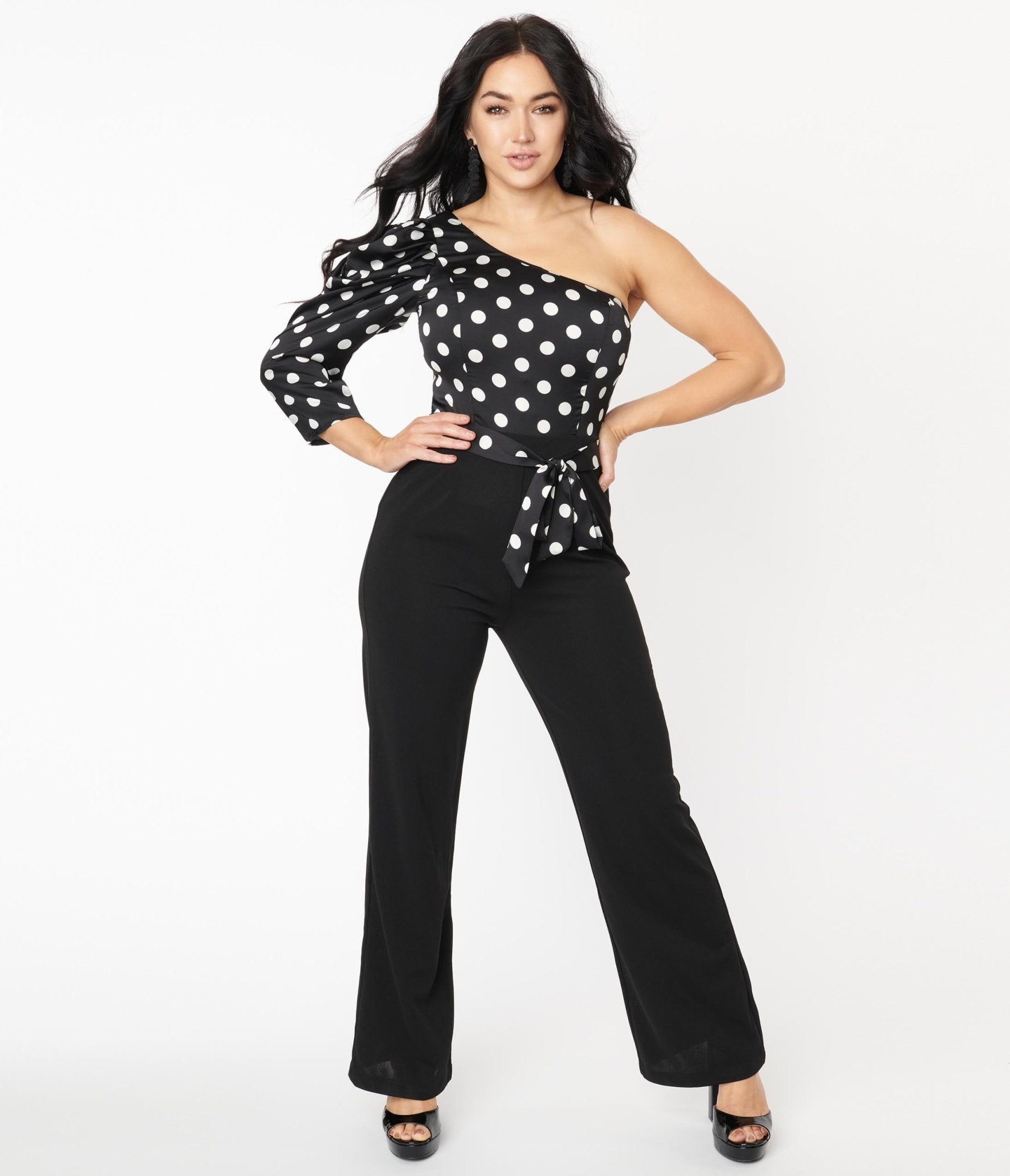 Black & White Polka Dot One Shoulder Jumpsuit - Unique Vintage - Womens, BOTTOMS, ROMPERS AND JUMPSUITS