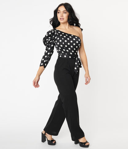 Black & White Polka Dot One Shoulder Jumpsuit - Unique Vintage - Womens, BOTTOMS, ROMPERS AND JUMPSUITS