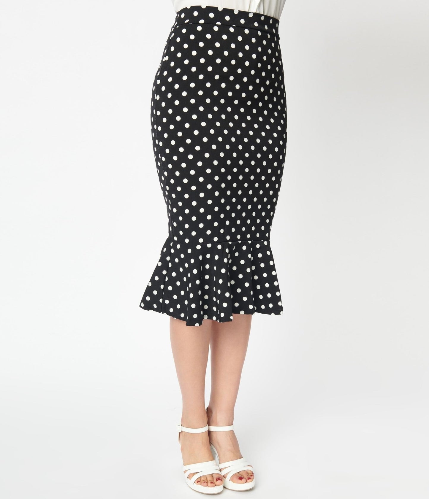 Black & White Polka Dot Ruffled Hem Pencil Skirt - Unique Vintage - Womens, BOTTOMS, SKIRTS