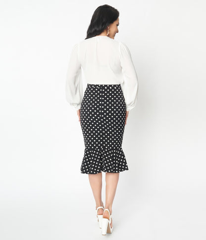 Black & White Polka Dot Ruffled Hem Pencil Skirt - Unique Vintage - Womens, BOTTOMS, SKIRTS