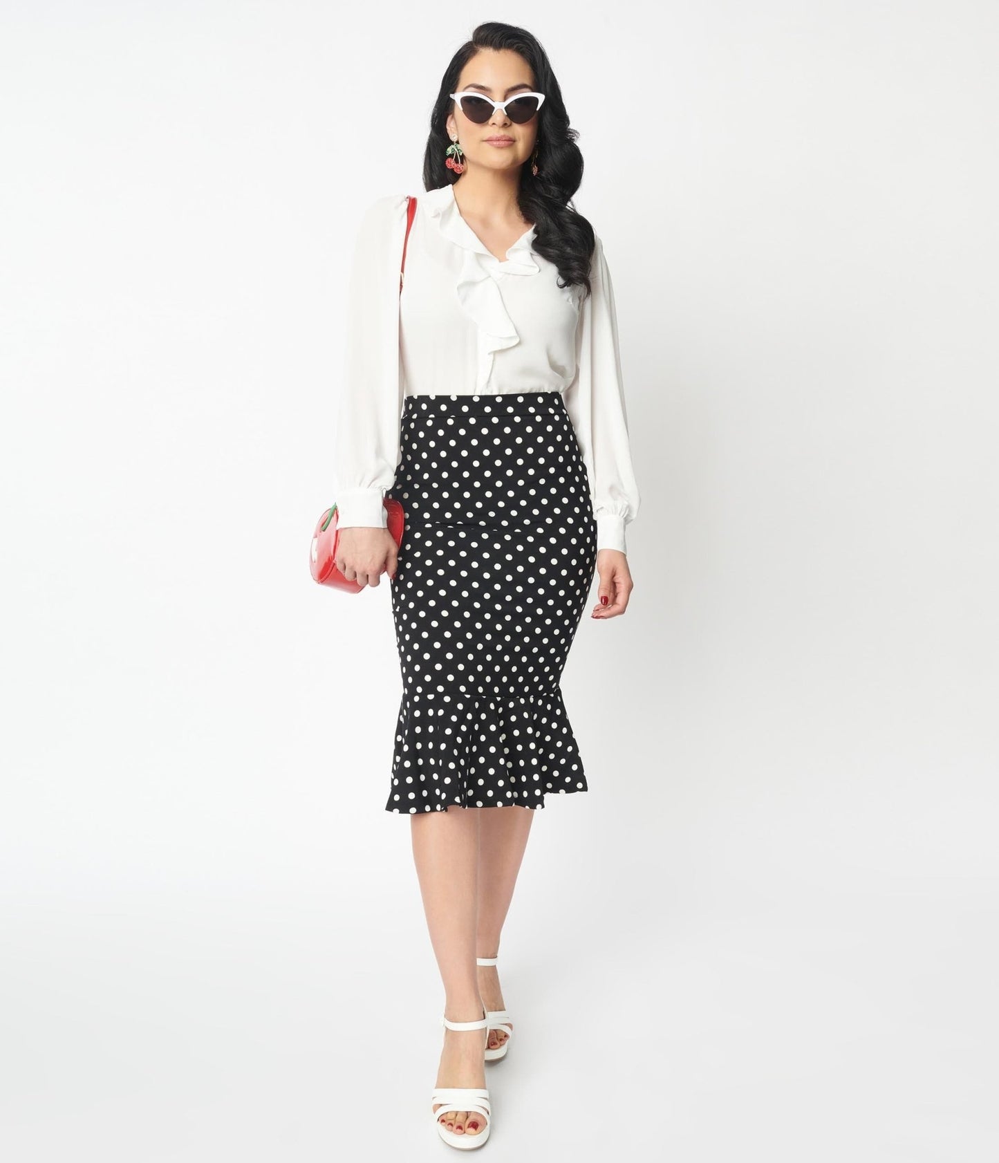 Black & White Polka Dot Ruffled Hem Pencil Skirt - Unique Vintage - Womens, BOTTOMS, SKIRTS