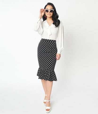 Black & White Polka Dot Ruffled Hem Pencil Skirt - Unique Vintage - Womens, BOTTOMS, SKIRTS