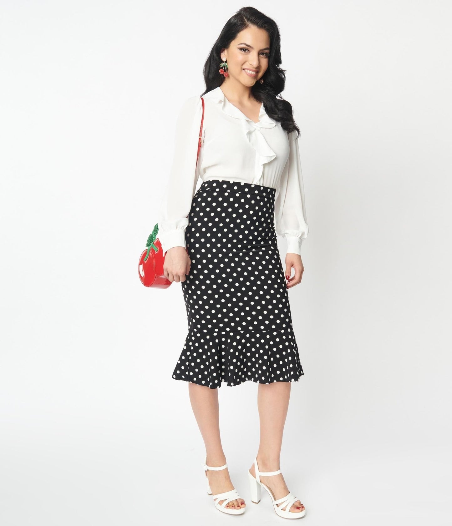 Black & White Polka Dot Ruffled Hem Pencil Skirt - Unique Vintage - Womens, BOTTOMS, SKIRTS